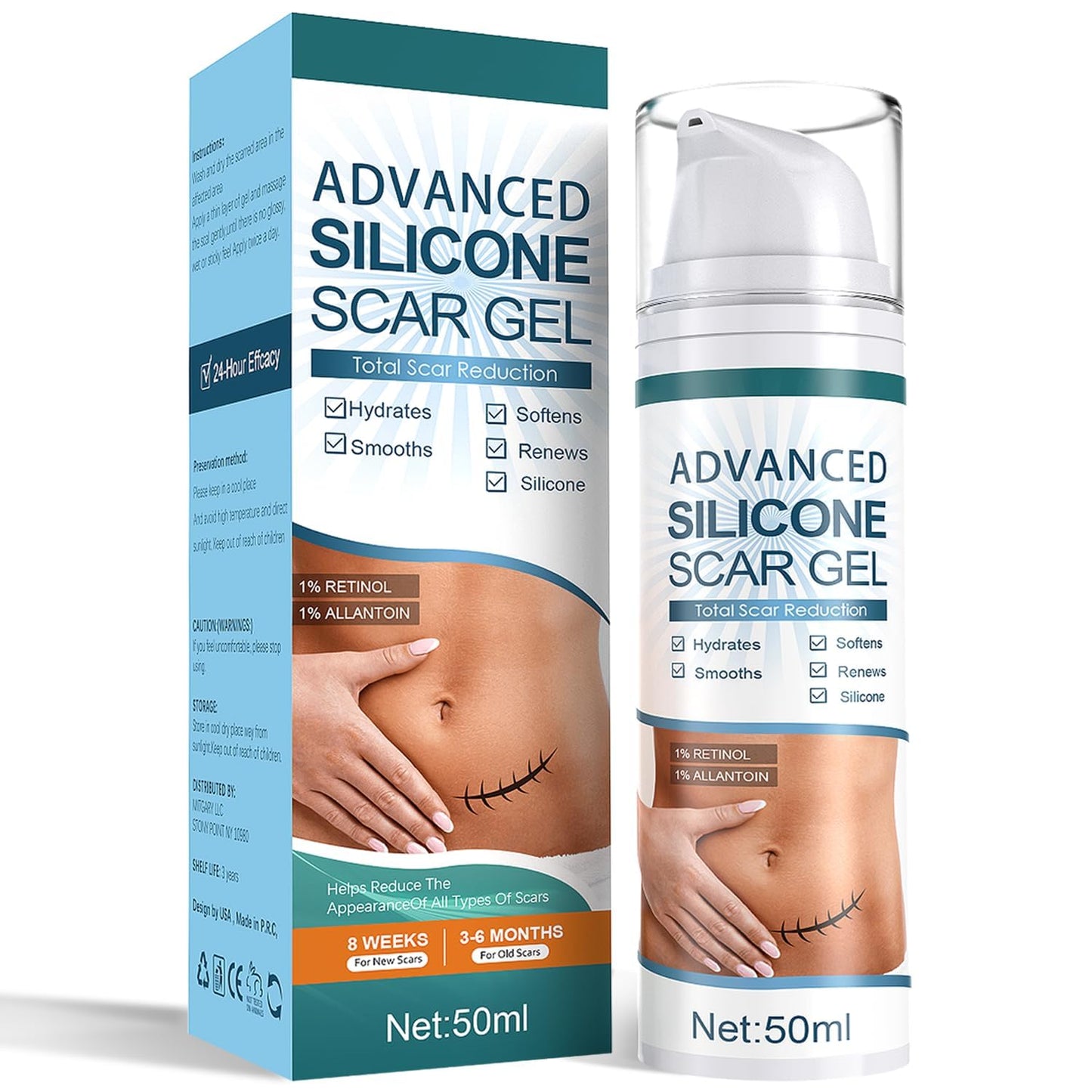 Advanced Scar Gel, Silicone Scar Gel, Treats Old and New Scars, Reduces the Appearance of Scars from, Body, Face, Stretch Marks, Surgical Scar, Keloids, Acne